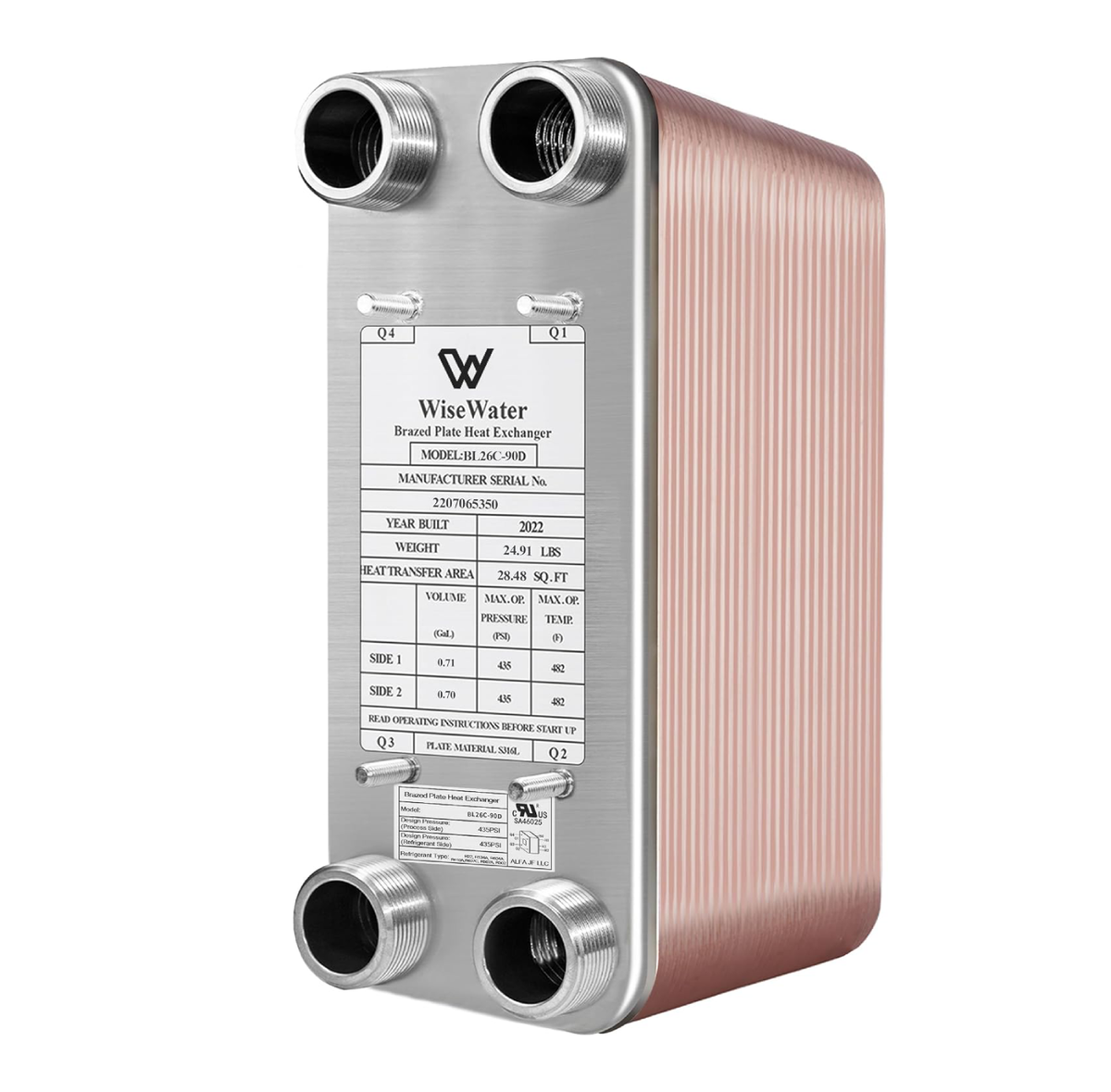 WiseWater Brazed Plate Heat Exchanger 5"x12" 1 1/4"MPT (BL26C Series)
