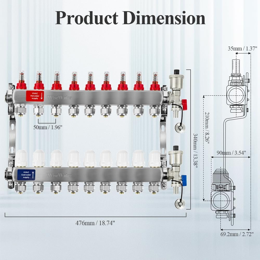 Radiant Heat Manifold Brass - 9 Loops 1" & 1/2" NPT for Hydronic Radiant Floor Heating Control