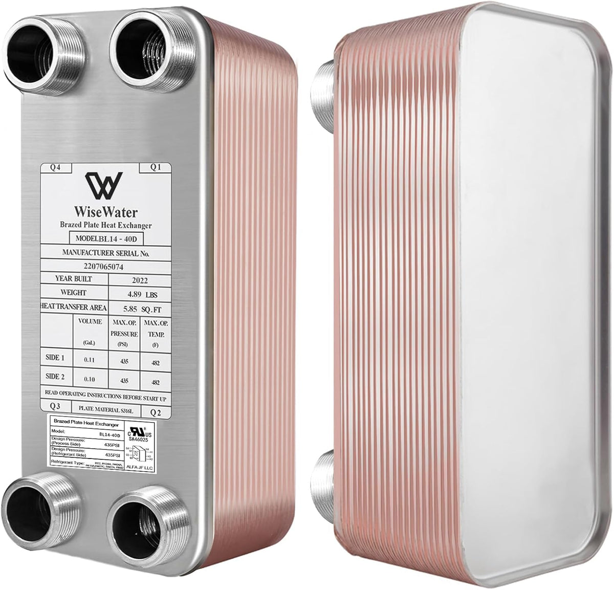 WiseWater Brazed Plate Heat Exchanger 3" x 8" – 3/4" MPT (BL14 Series)