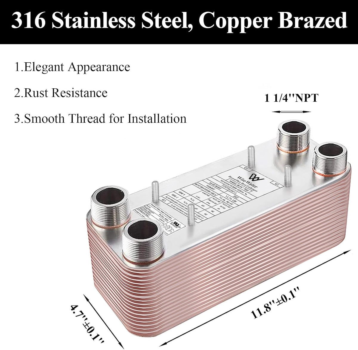 WiseWater Brazed Plate Heat Exchanger 5"x12" 1 1/4"MPT (BL26C Series)