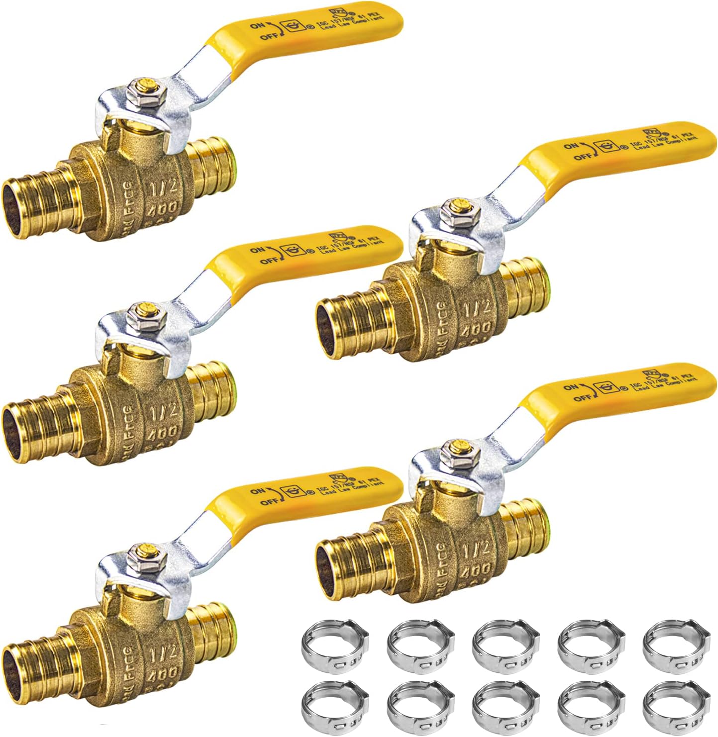 AB 1/2" PEX Full Port Brass Ball Valve with Stainless Steel Cinch Rings (5-Pack), Lead-Free, UPC Certified