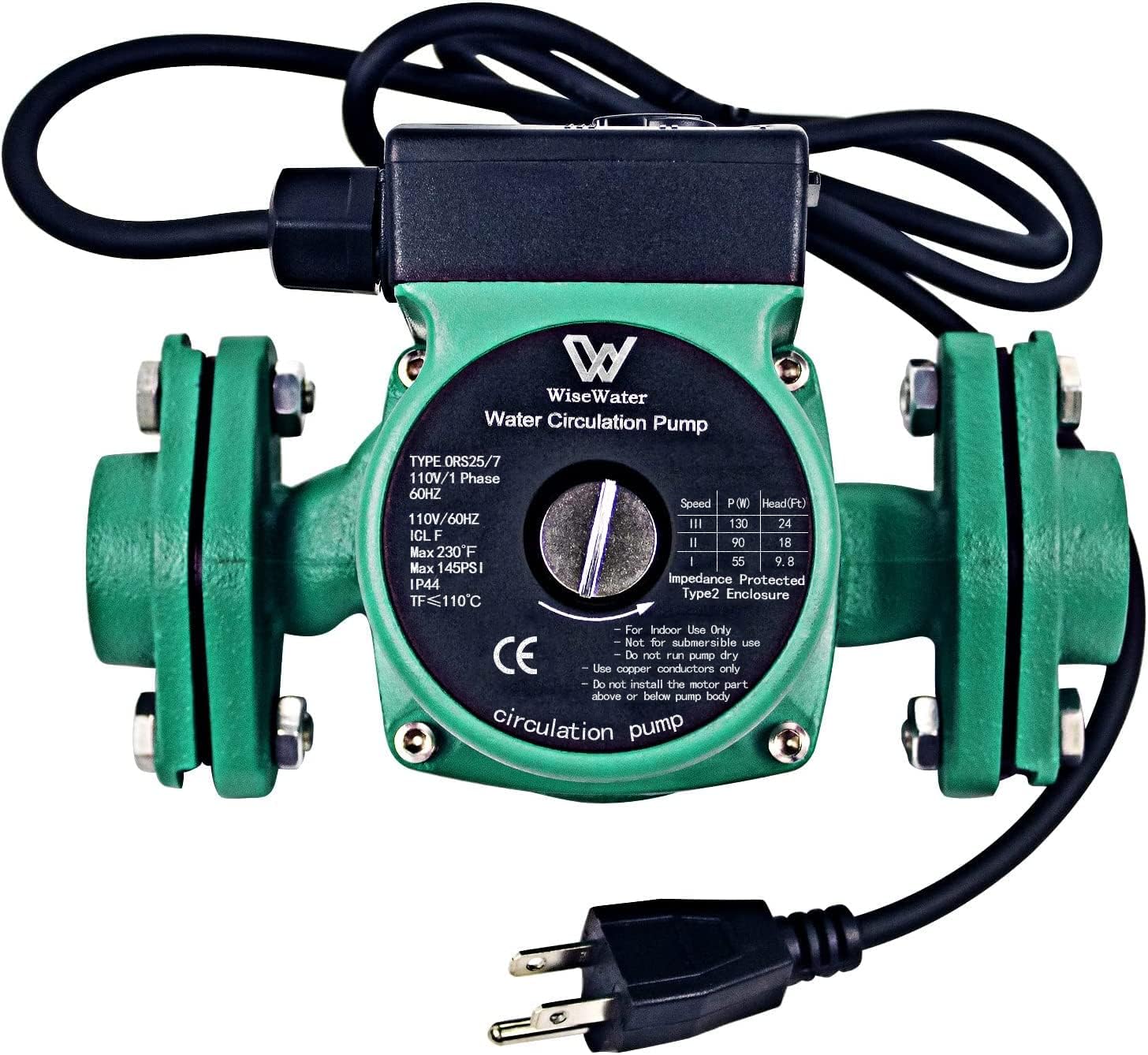 WiseWater 110V Hot Water Recirculating Pump, 130W, 13 GPM, 1" FNPT, 3-Speed