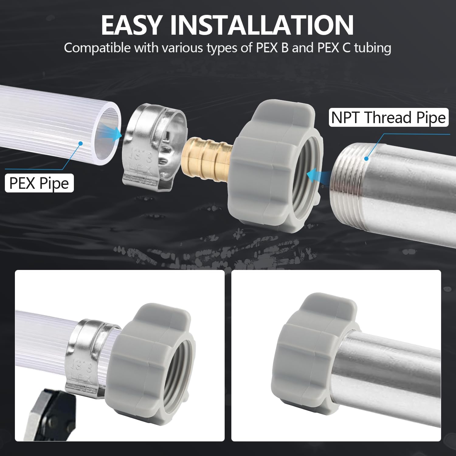WiseWater 5 Pack 1/2" PEX x 7/8" FNPT Swivel Adapter Kit, DZR Brass PEX Fittings with Clamps and Crimp Rings, Lead-Free Water Plumbing Connectors