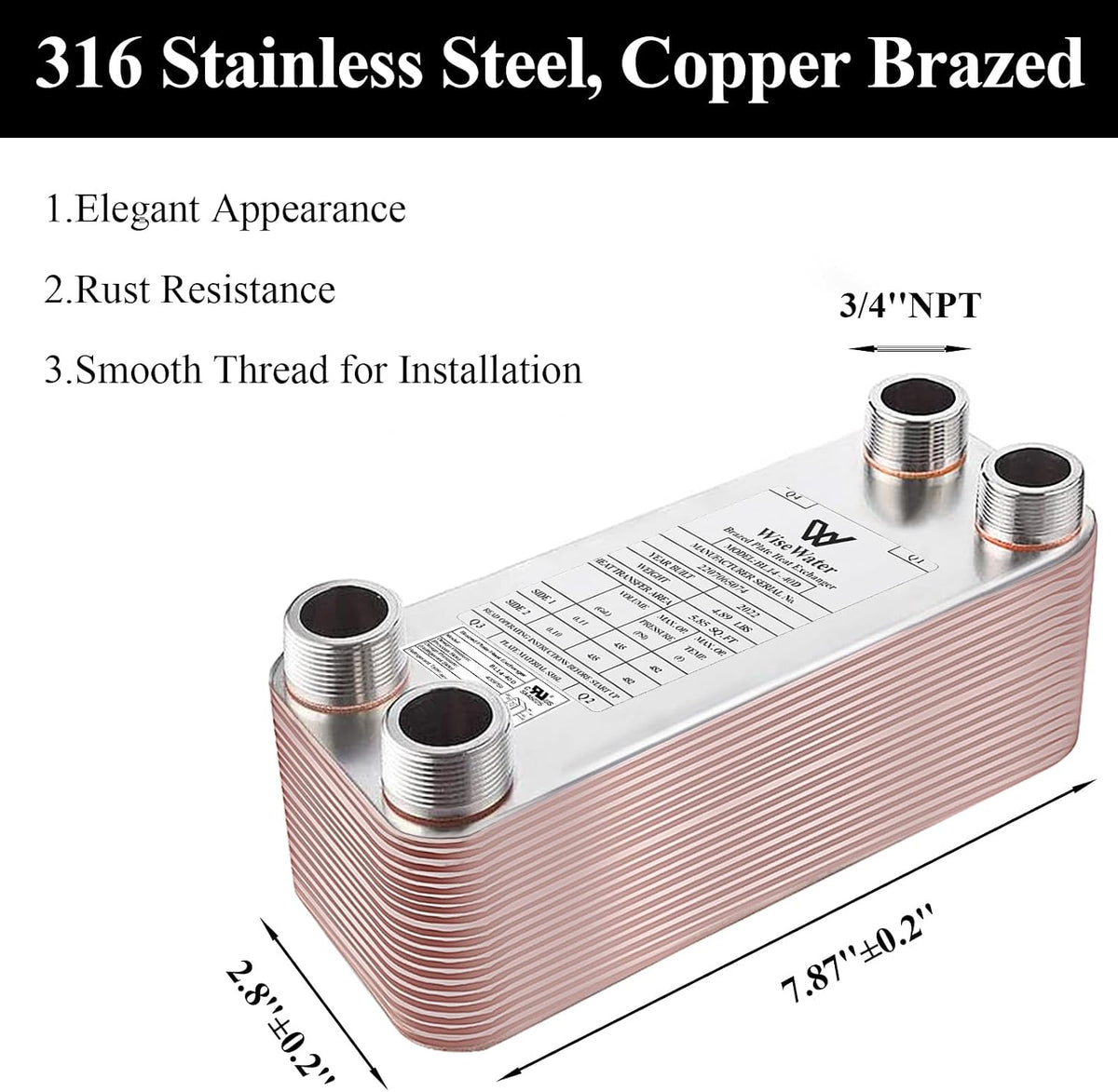 WiseWater Brazed Plate Heat Exchanger 3" x 8" – 3/4" MPT (BL14 Series)