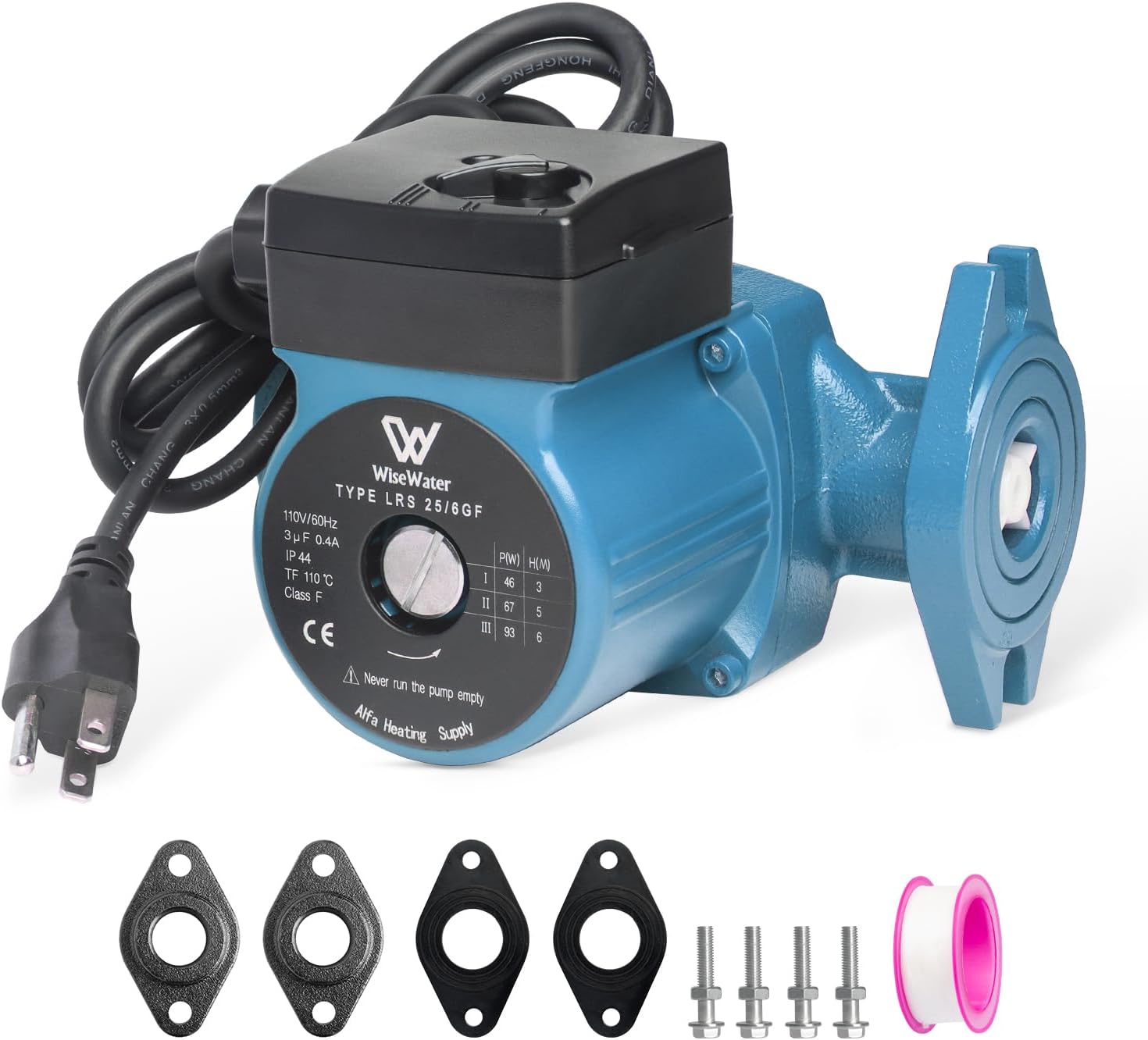 WiseWater 110V Hot Water Recirculating Pump, 12.6 GPM, 1" FNPT Flanges 3 Speed