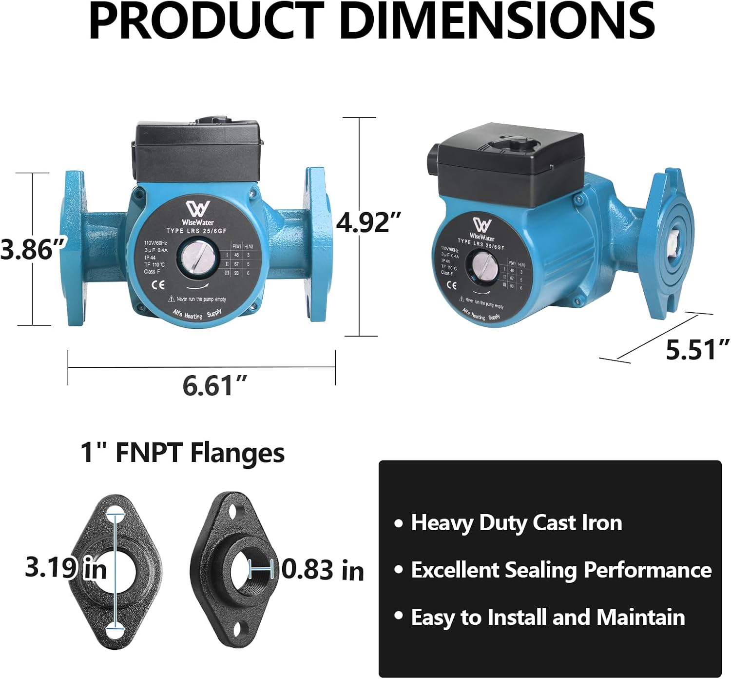 WiseWater 110V Hot Water Recirculating Pump, 12.6 GPM, 1" FNPT Flanges 3 Speed