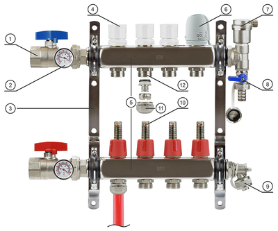 Brass Manifold - 5 Loops 1" & 1/2" NPT - Alfa Heating Supply