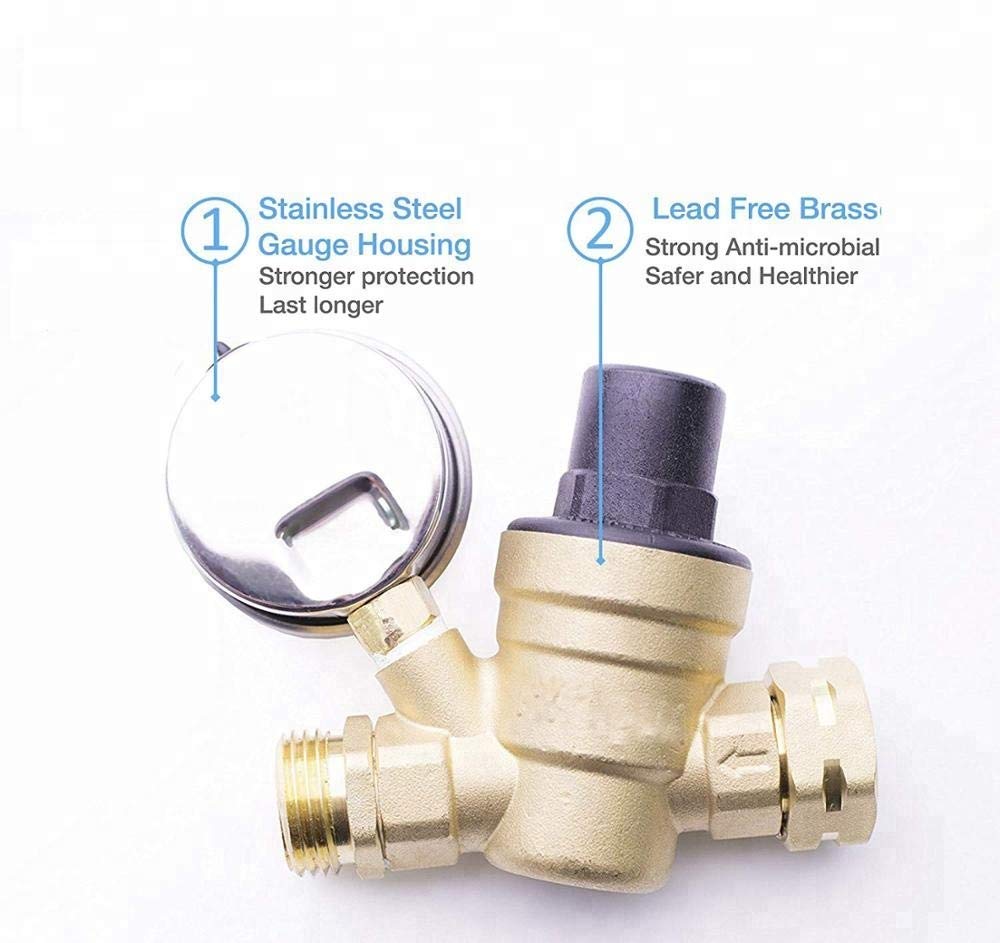 Adjustable Water Pressure Regulator with Gauge and Filter, Brass Lead-Free 3/4" NH Thread for Camper, RV Trailer - Alfa Heating Supply