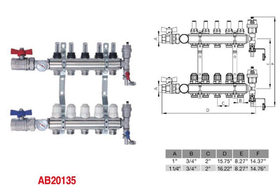 Brass Manifold - 8 Loops 1" & 1/2" NPT - Alfa Heating Supply