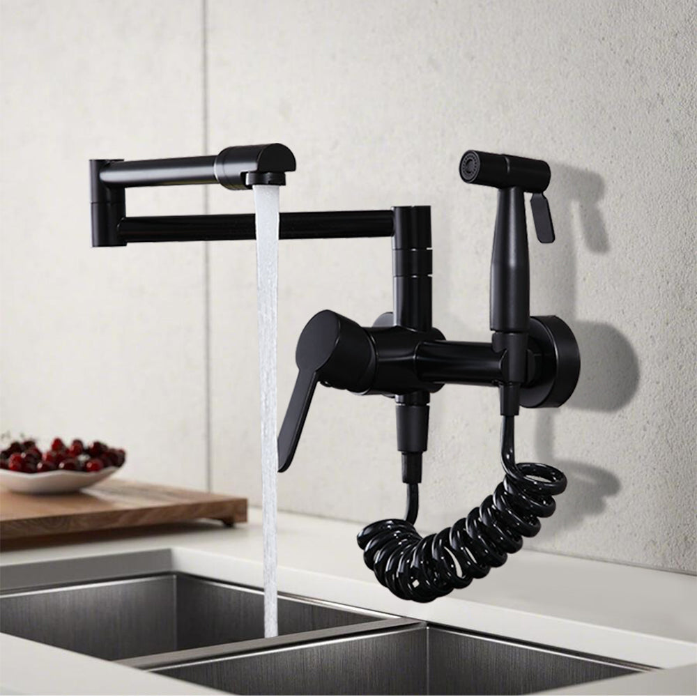 Wisewater Wall-Mounted Kitchen Faucet with Sprayer, Lead-Free Kitchen Sink Faucet Rotatable Taps, Modern Black