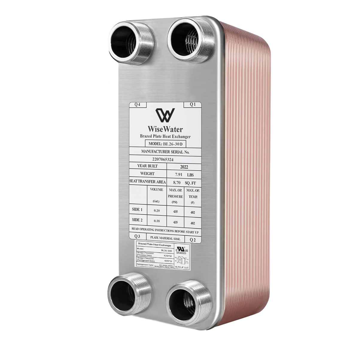 WiseWater Brazed Plate Heat Exchanger 4"x12" 1"MPT (BL26 Series)