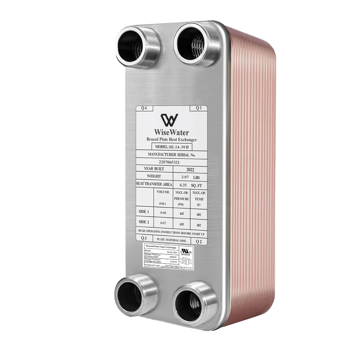 WiseWater Brazed Plate Heat Exchanger 3" x 8" – 3/4" MPT (BL14 Series)