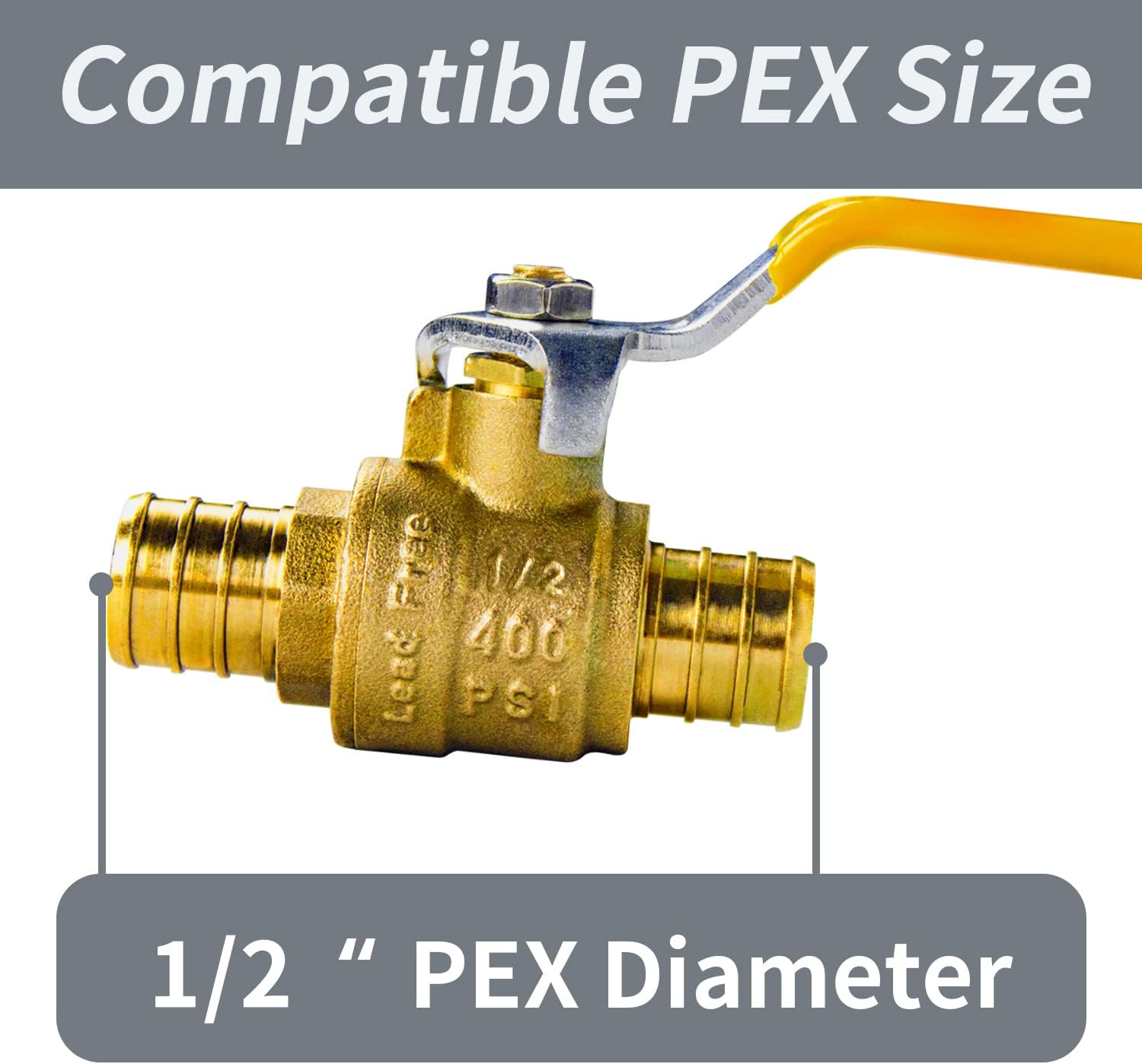 AB 1/2" PEX Full Port Brass Ball Valve with Stainless Steel Cinch Rings (5-Pack), Lead-Free, UPC Certified