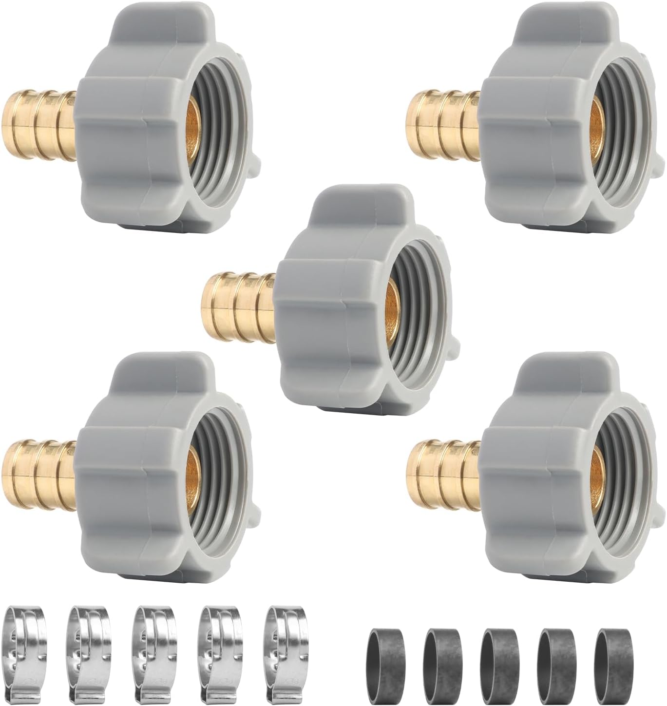 WiseWater 5 Pack 1/2" PEX x 7/8" FNPT Swivel Adapter Kit, DZR Brass PEX Fittings with Clamps and Crimp Rings, Lead-Free Water Plumbing Connectors