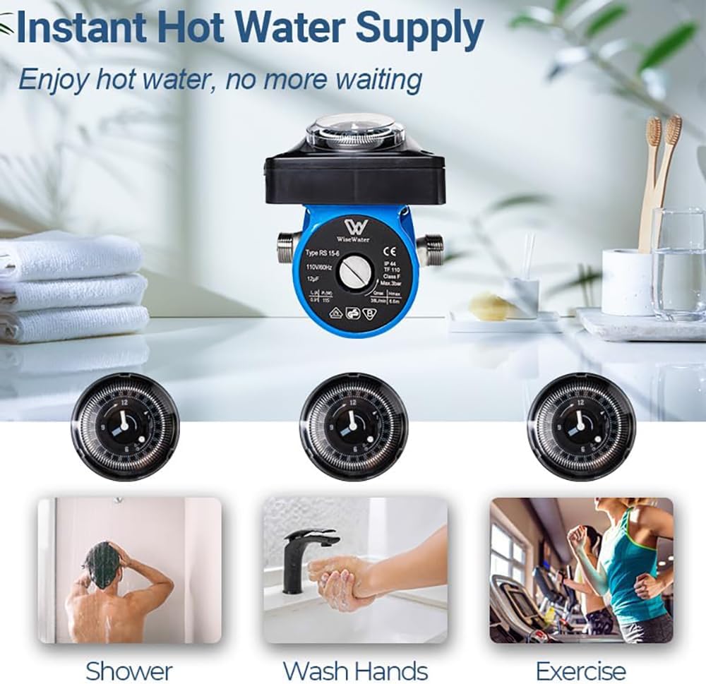 WiseWater 110V Hot Water Recirculating Pump with Timer, 115W, 10 GPM, 3/4" to 1/2" NPT