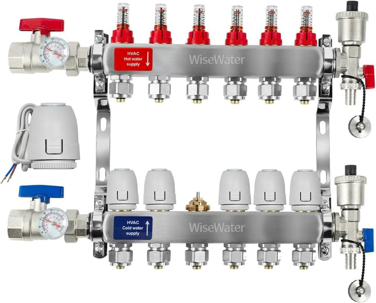 6-Loop Hydronic Heating Manifold with 24V Electric Thermal Actuators