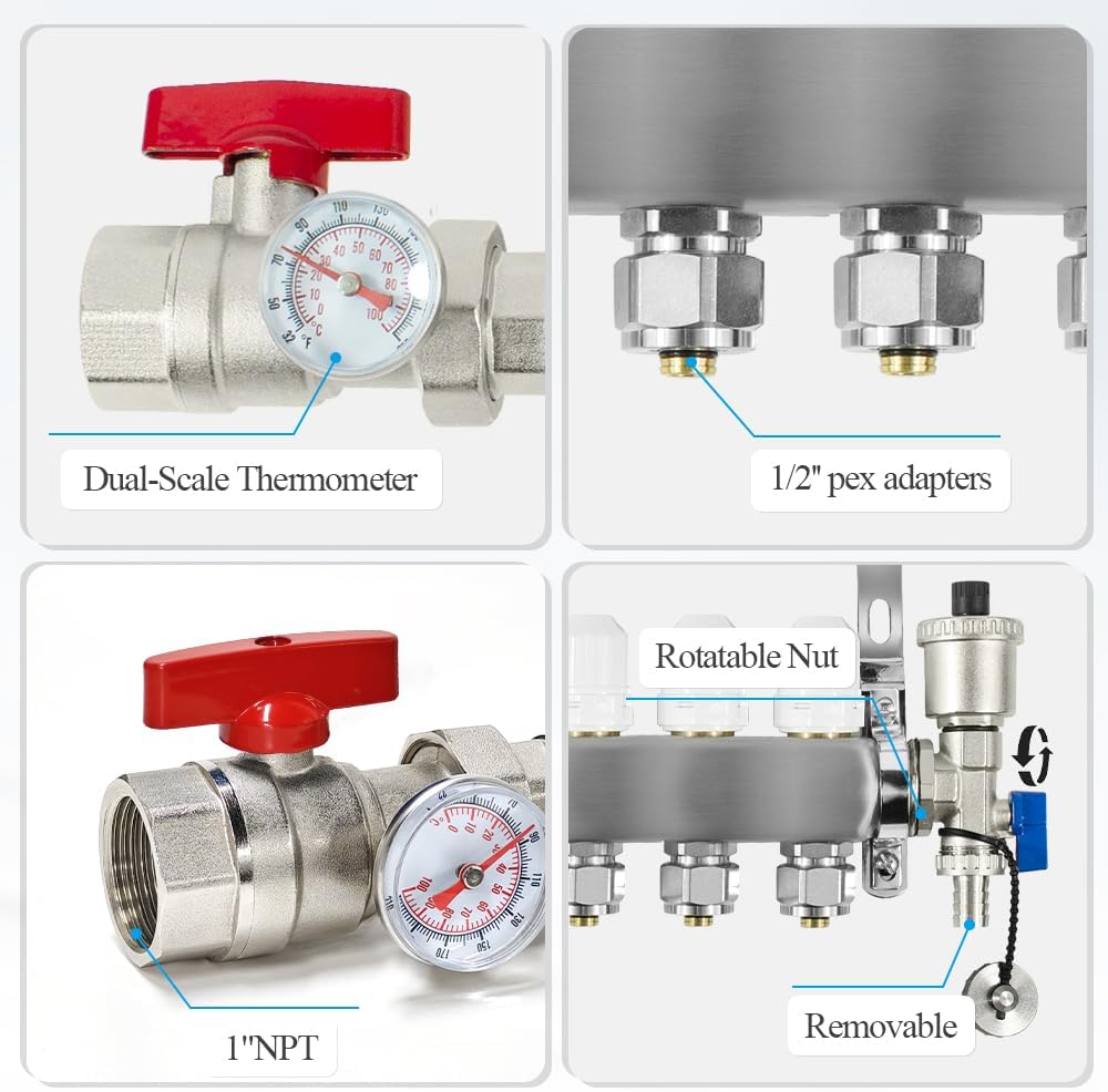 Radiant Heat Manifold Brass - 9 Loops 1" & 1/2" NPT for Hydronic Radiant Floor Heating Control