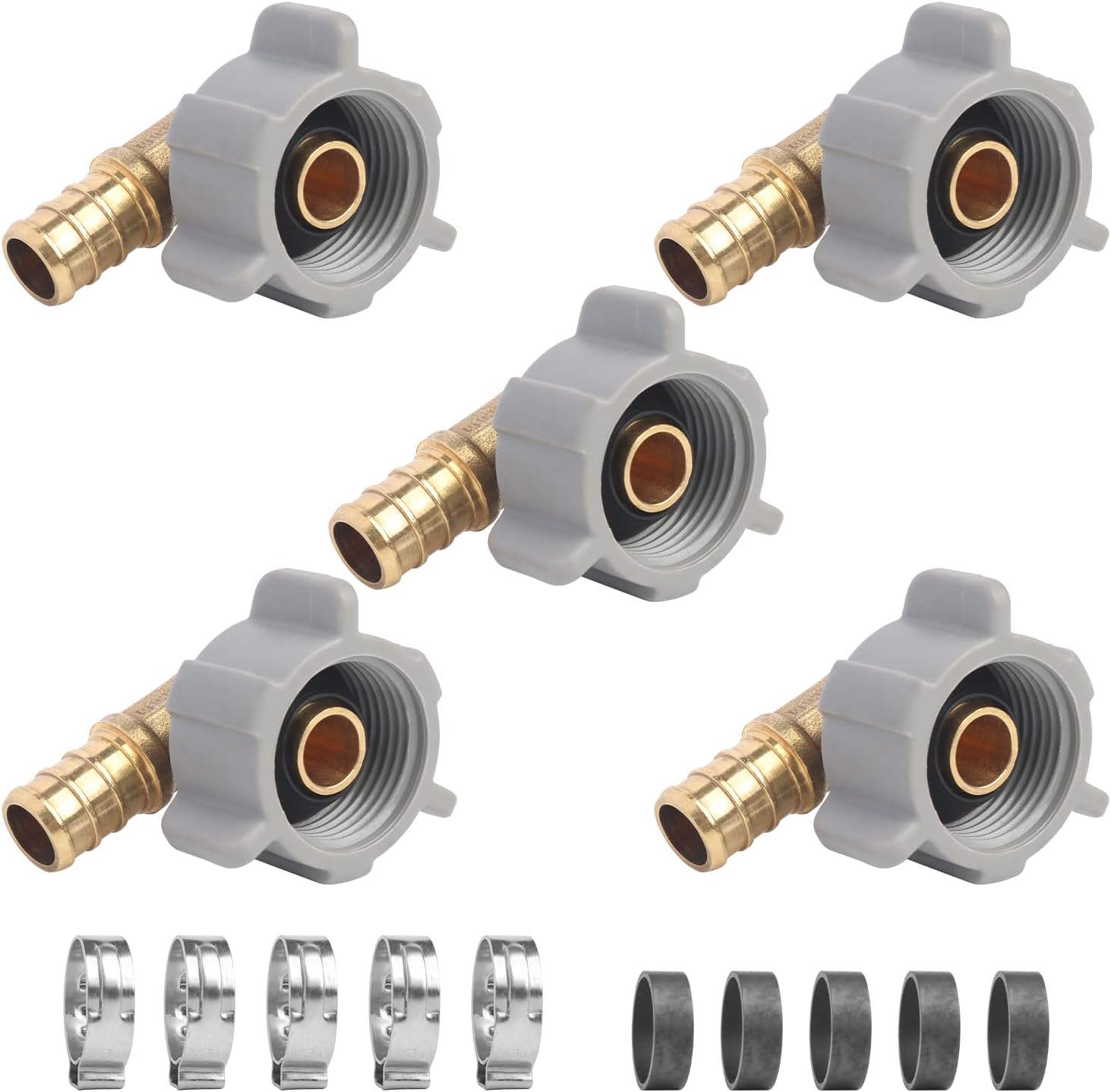 WiseWater 1/2" x 1/2" FNPT Swivel Elbow PEX Adapter Kit, Brass DZR, NSF/ANSI 61 Certified, with Stainless Steel Clamps and Copper Crimp Rings, 5 Pack