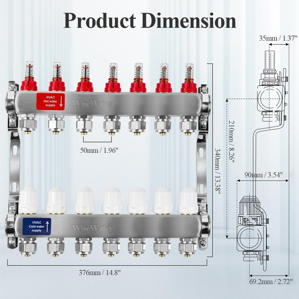 Radiant Heat Manifold Brass - 7 Loops 1" & 1/2" NPT For Hydronic Radiant Floor Heating