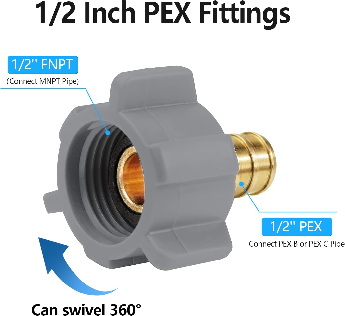 WiseWater 1/2" PEX x 1/2" FNPT Swivel Adapter Kit, Lead-Free DZR Brass, NSF/ANSI 61 Certified, 12 Pack