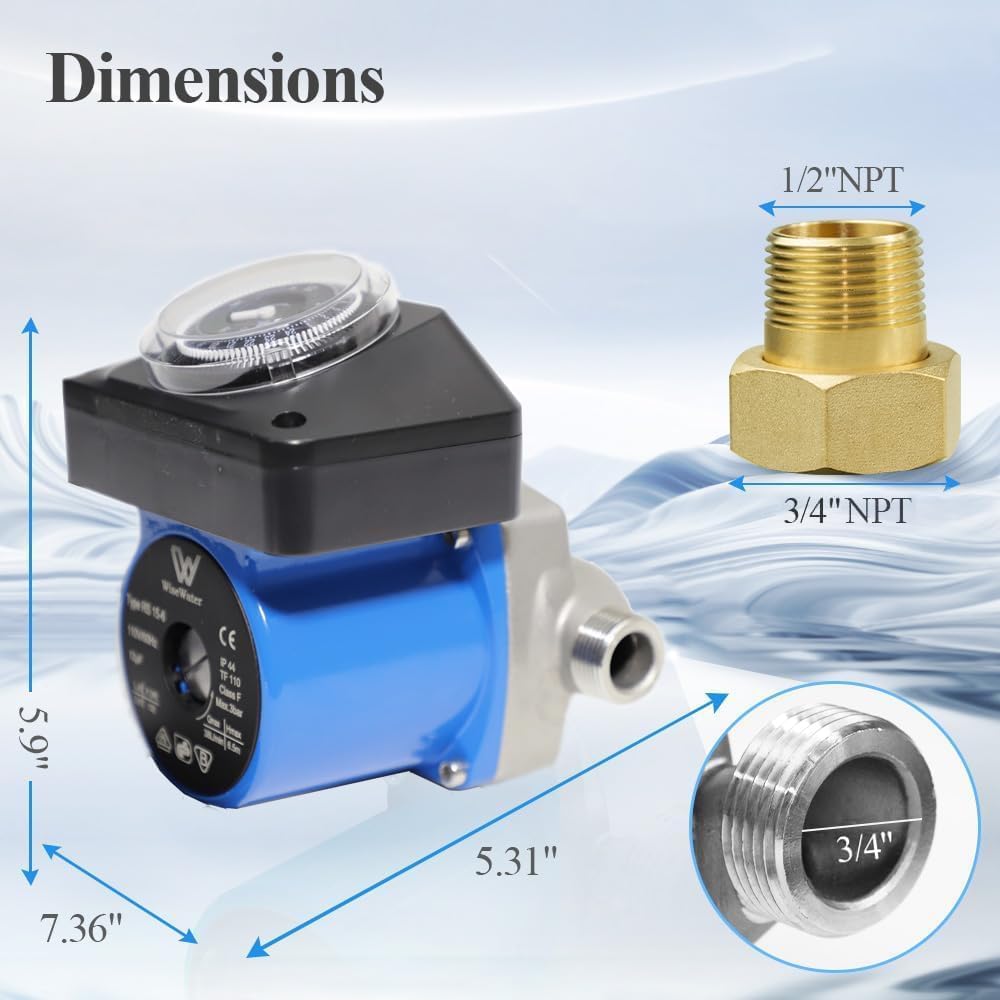WiseWater 110V Hot Water Recirculating Pump with Timer, 115W, 10 GPM, 3/4" to 1/2" NPT