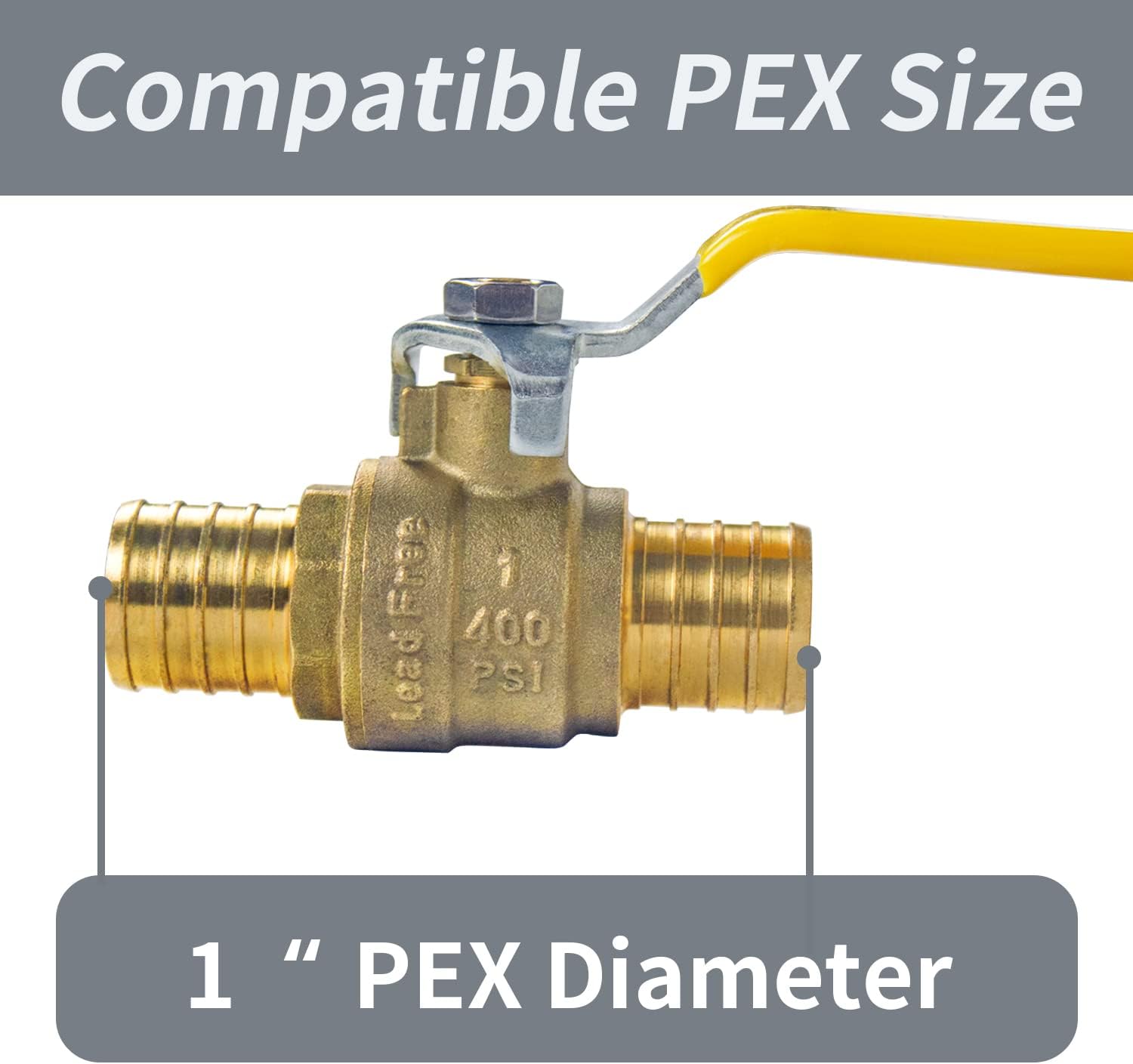 AB 1"x 1" PEX Ball Valve, Full Port, Lead-Free Brass, UPC Certified, with Stainless Steel Cinch Crimp Rings