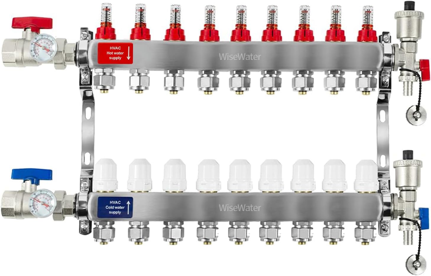 Radiant Heat Manifold Brass - 9 Loops 1" & 1/2" NPT for Hydronic Radiant Floor Heating Control