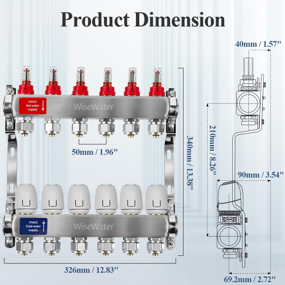 6-Loop Hydronic Heating Manifold with 24V Electric Thermal Actuators