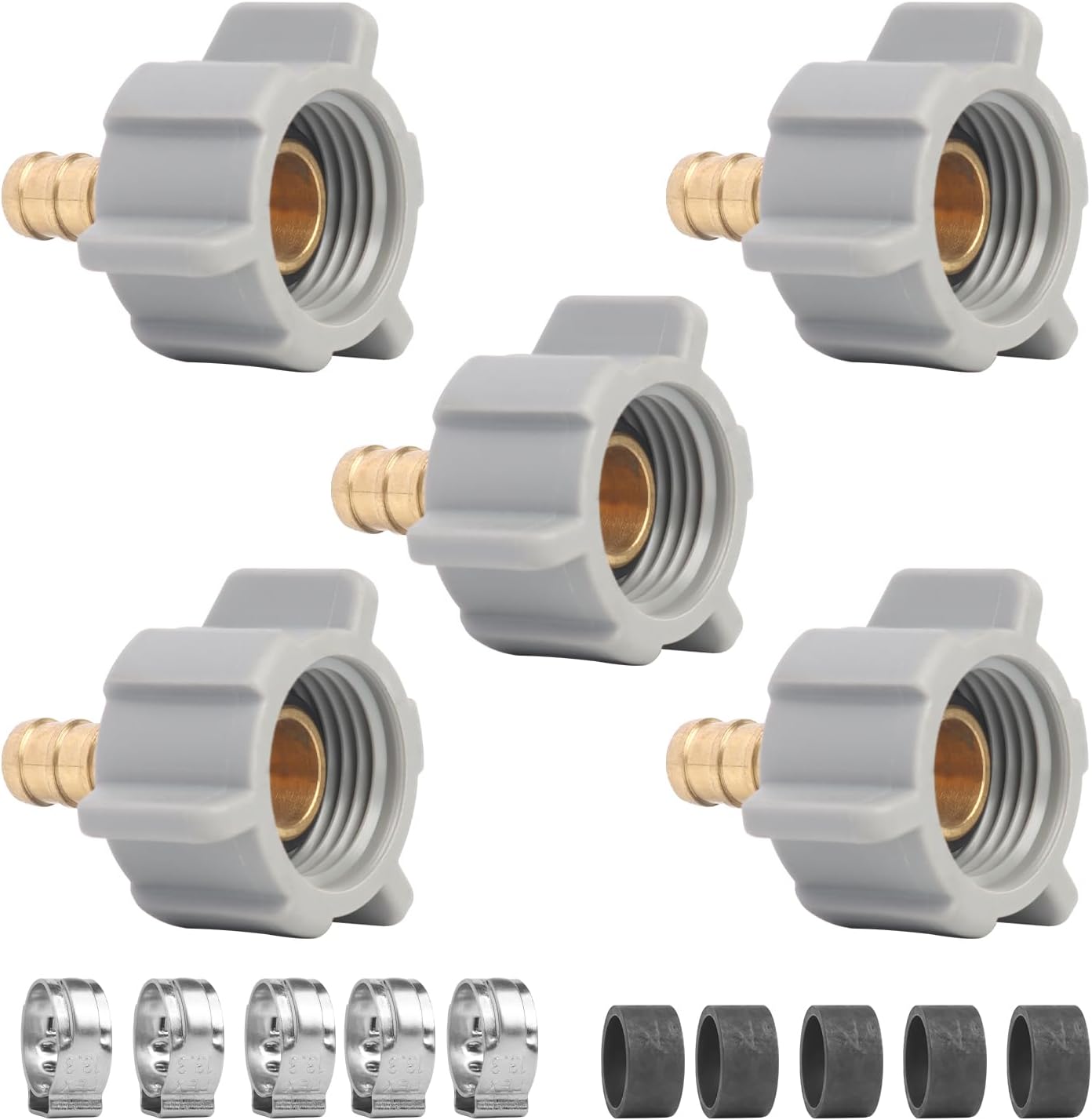 WiseWater 3/8" PEX-B x 1/2" Female NPT Swivel Adapter Kit – Brass PEX Fittings with Crimp Rings & Clamps (5 Pack)