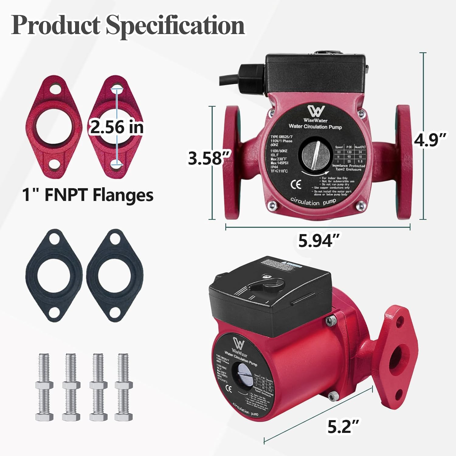 Circulation Pump, Recirculation Pump with 1-Inch NPT Internal Threaded Flanges, 13GPM 3-Speed 110V 60Hz