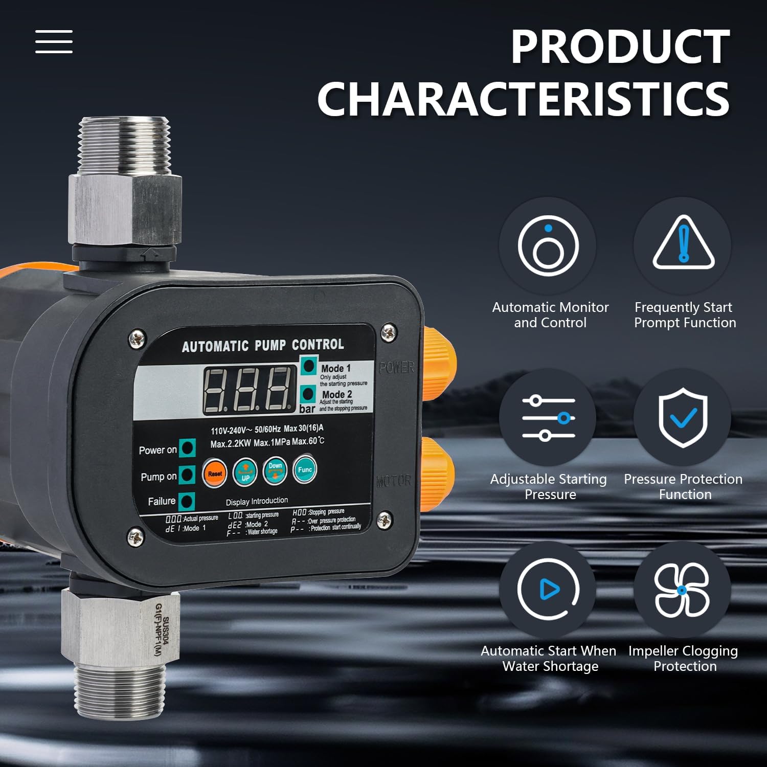 WiseWater Automatic Water Pump Pressure Controller | Digital Smart Pump Controller 110-240V | IP65
