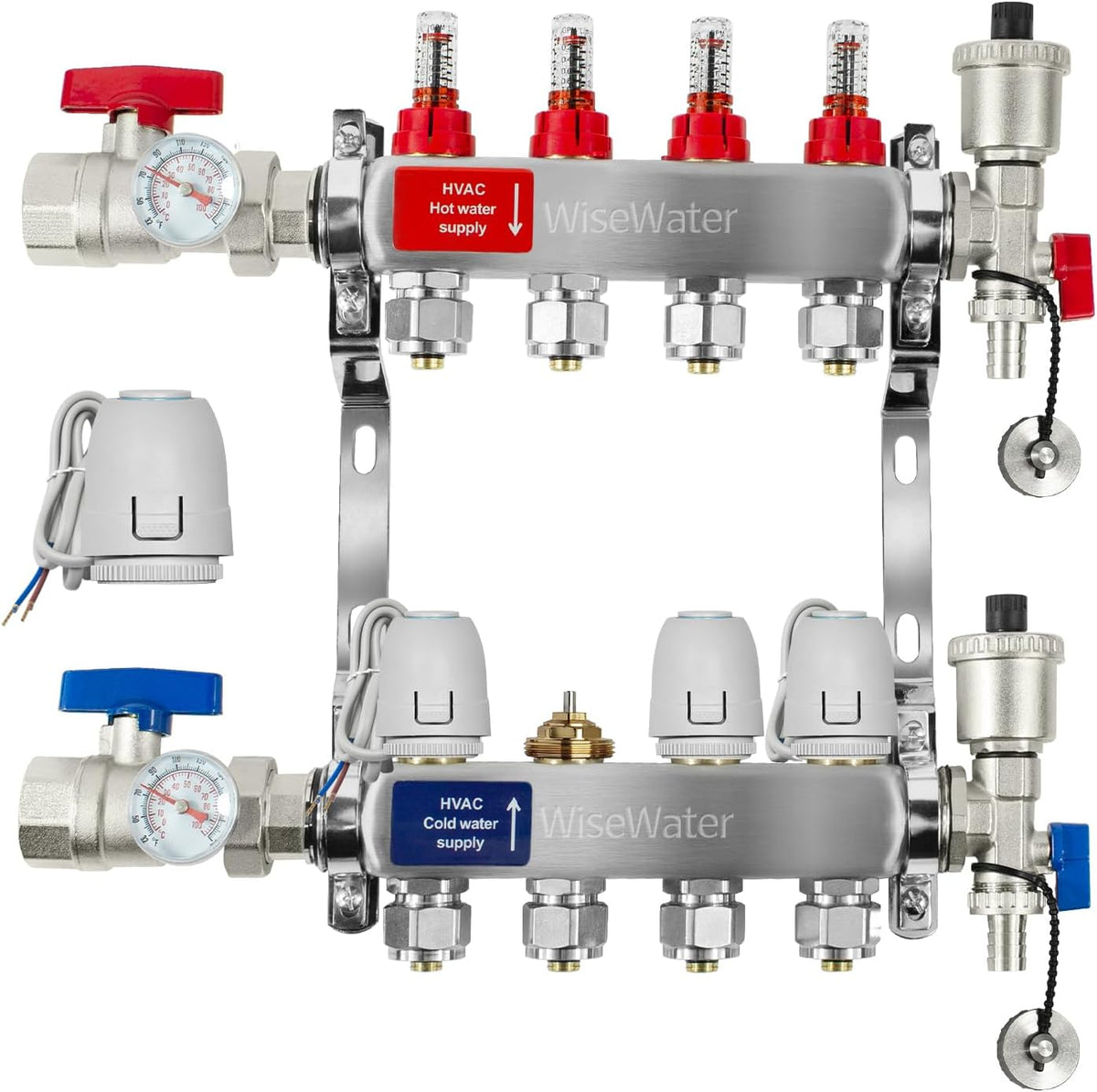 4-Loop Hydronic Heating Manifold with 24V Electric Thermal Actuators