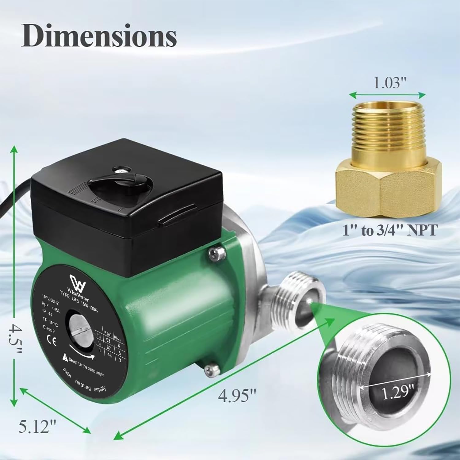 WiseWater Hot Water Recirculating Pump, 304 Stainless Steel 3-Speed Circulator Pump with 1" NPT, 12.6 GPM