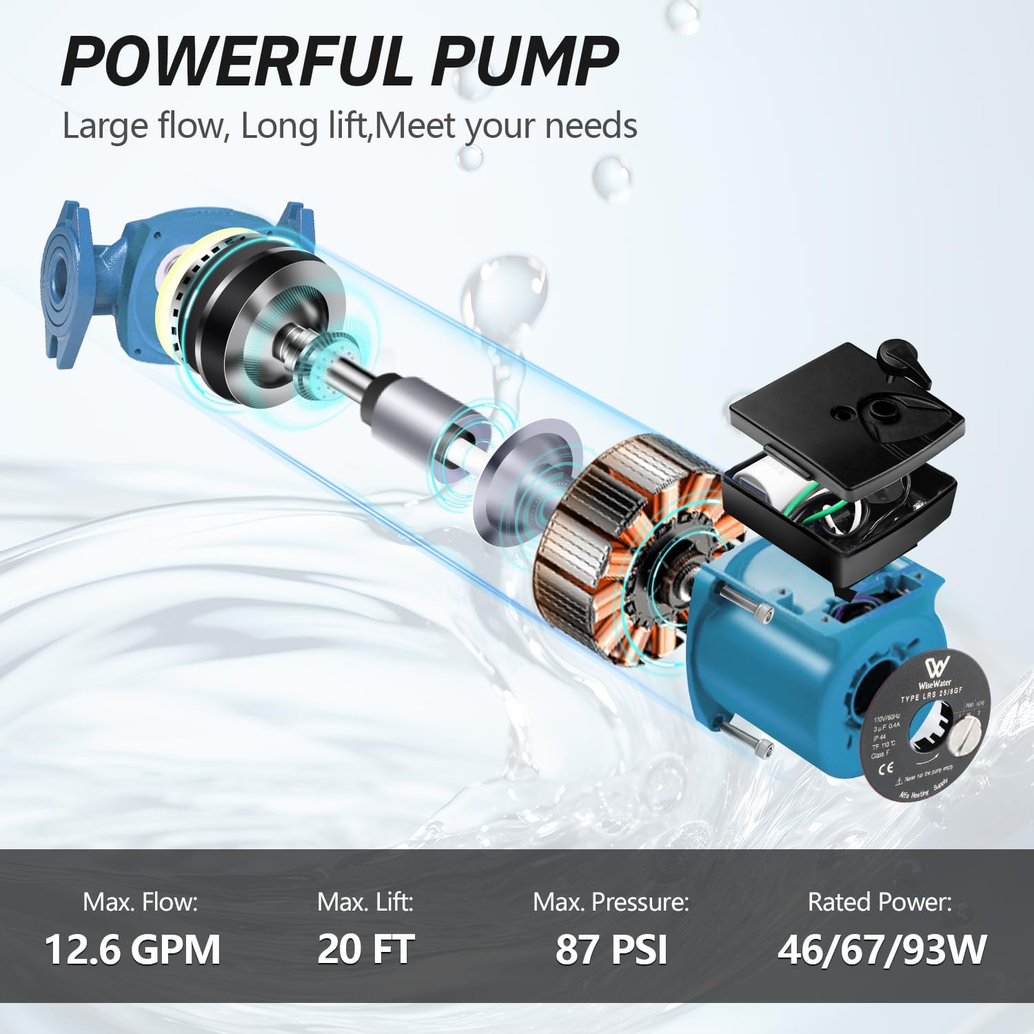 WiseWater 110V Hot Water Recirculating Pump, 12.6 GPM, 1" FNPT Flanges 3 Speed