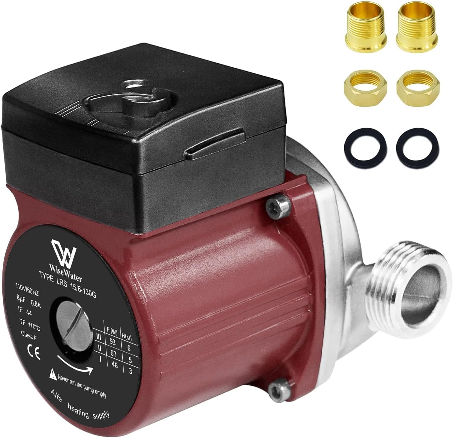 WiseWater Hot Water Recirculating Pump, 3-Speed Stainless Steel Circulator Pump with 3/4'' NPT Adapters, 20ft Head, Ultra-Quiet