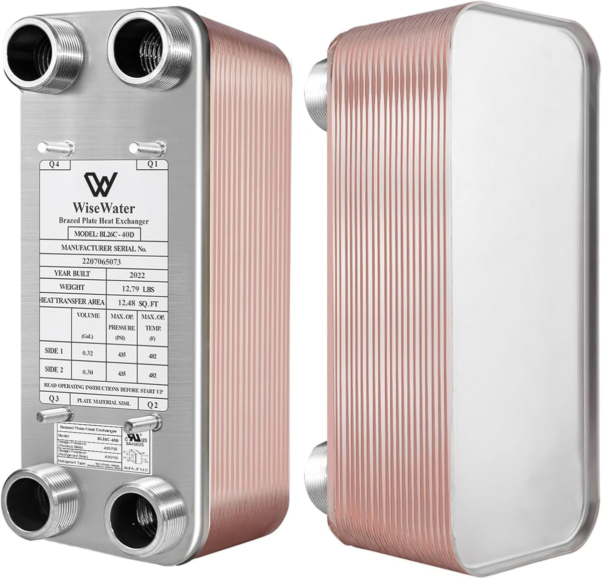 WiseWater Brazed Plate Heat Exchanger 5"x12" 1 1/4"MPT (BL26C Series)