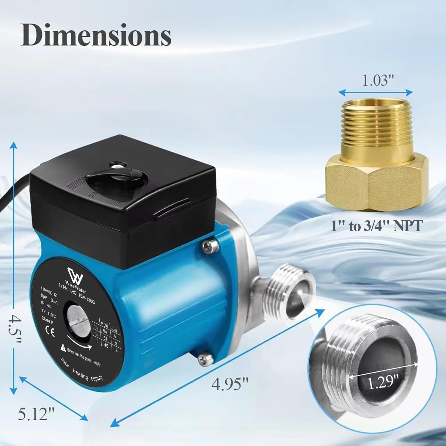 WiseWater 304 Stainless Steel Hot Water Recirculating Pump with 3-Speed Control, 110V Booster Pump