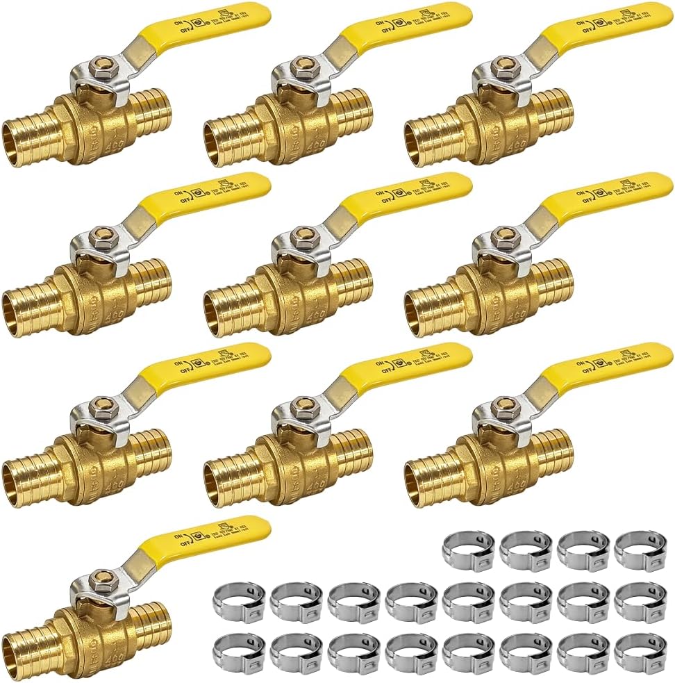 AB 1"x 1" PEX Ball Valve, Full Port, Lead-Free Brass, UPC Certified, with Stainless Steel Cinch Crimp Rings