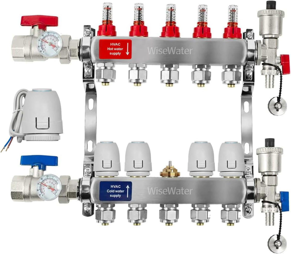 5-Loop Hydronic Heating Manifold with 24V Electric Thermal Actuators