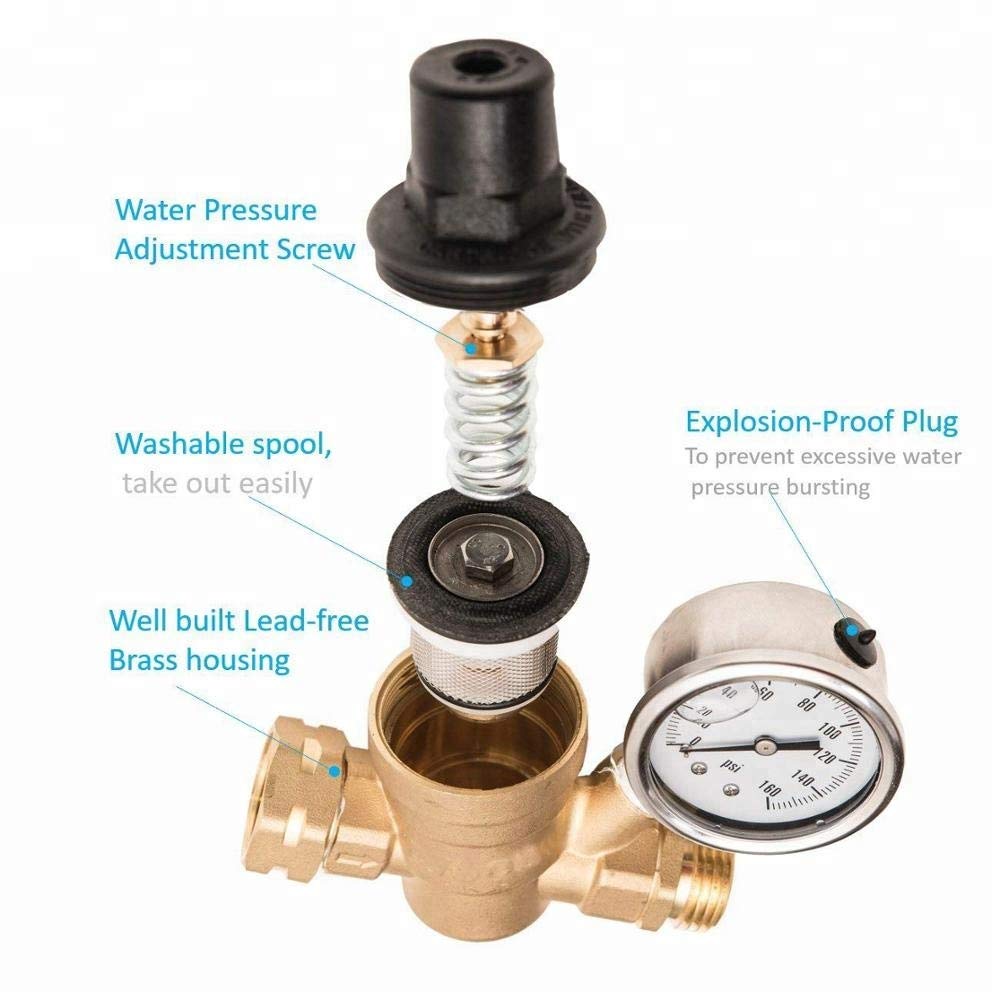 Adjustable Water Pressure Regulator with Gauge and Filter, Brass Lead-Free 3/4" NH Thread for Camper, RV Trailer - Alfa Heating Supply