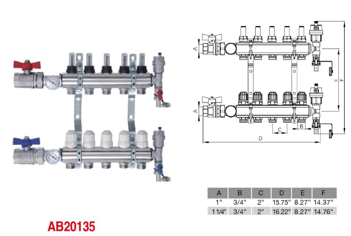 Brass Manifold - 8 Loops 1" & 1/2" NPT - Alfa Heating Supply