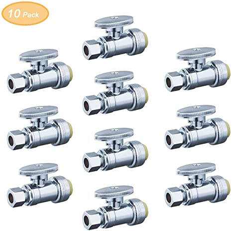 WiseWater 1/4 Turn Straight Stop Push-Fit Valve, 1/4 Inch Compression x 1/2 Inch Push Fitting, Chrome Finish w/Zinc Oval Handle, Lead Free Push Fit Water Shut Off Valve(10-pack)