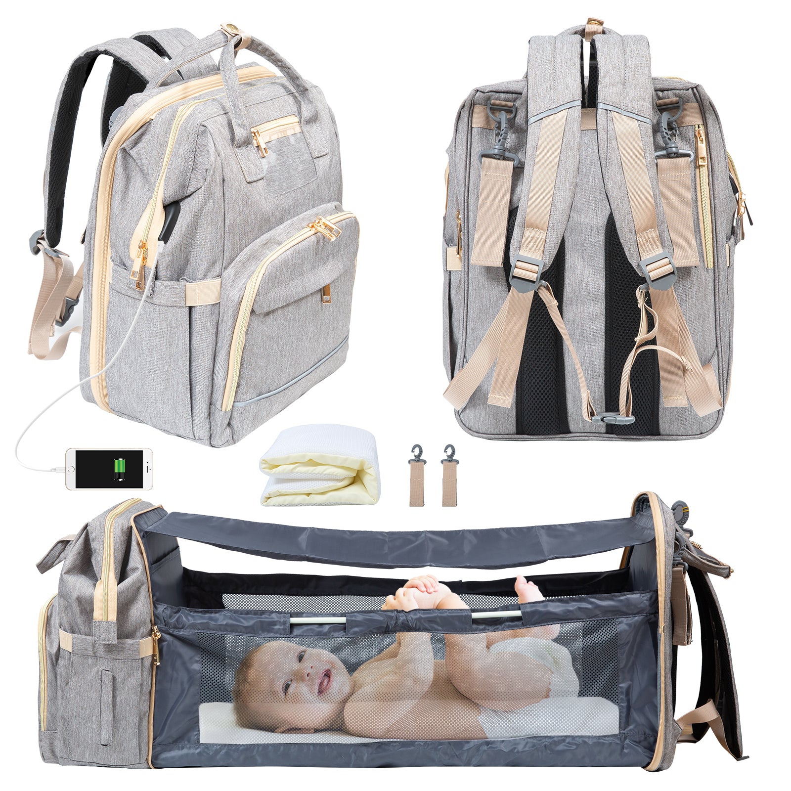 4 in 1 Diaper Bag with Bassinet Changing Station– Multi Purpose Waterproof  Convertible Baby Diaper Bag with Changing Pad Mommy Backpack - Grey