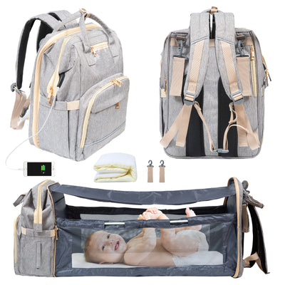 Wisewater Diaper Bag Backpack with Foldable Baby Bed, Portable Travel Bassinets for Babies, Waterproof Mommy Bag with Changing Station USB Charging Port, 4 Colors