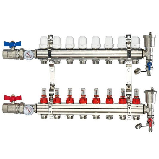 Hydronic Radiant Heating Manifold Brass - 8 Loops 1" & 1/2" NPT