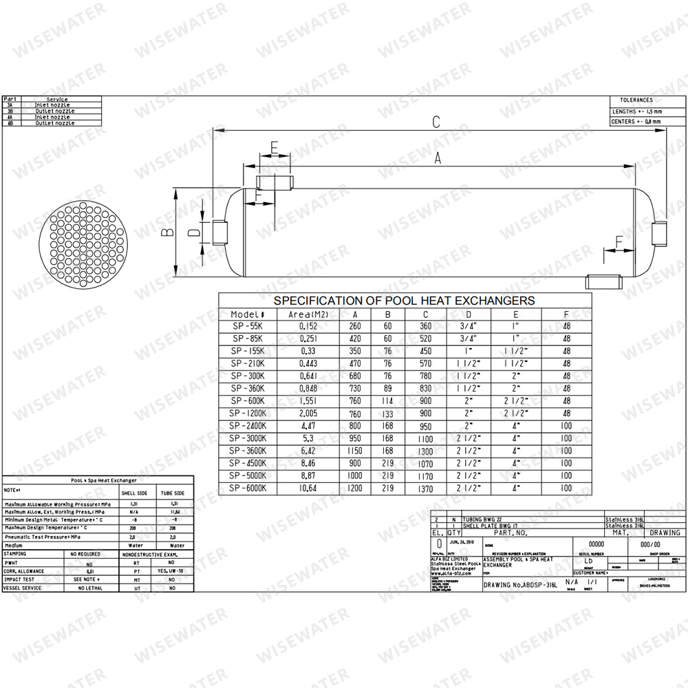 Swimming Pool Heat Exchanger - 1200K Stainless Steel 316L Opposite Side 2 1/2" & 2" FPT