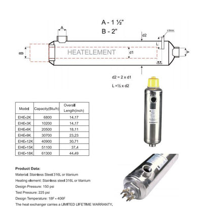 Electric Water Heater Shell and Tube Heat Exchangers Stainless Steel 316L 1 1/2" BSPT