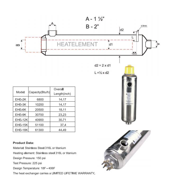 Electric Water Heater Shell and Tube Heat Exchangers Titanium 1 1/2" BSPT