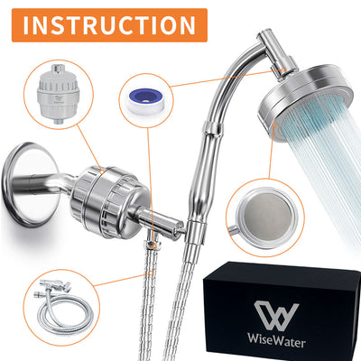 WiseWater Handheld Shower Head with Filter, 18 Stage Shower Filter for Hard Water, High Output Shower Water Filter With Hose, 1 Replacement